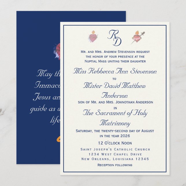 Navy-Blue Two Hearts Catholic Wedding  Inbjudningar (Fram/baksida)