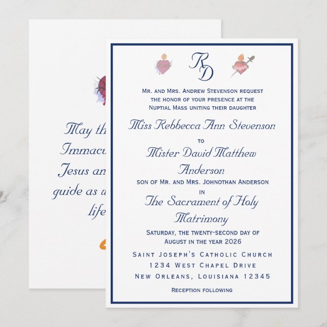 Navy-Blue Two Hearts Catholic Wedding Invitation Inbjudningar (Fram/baksida)