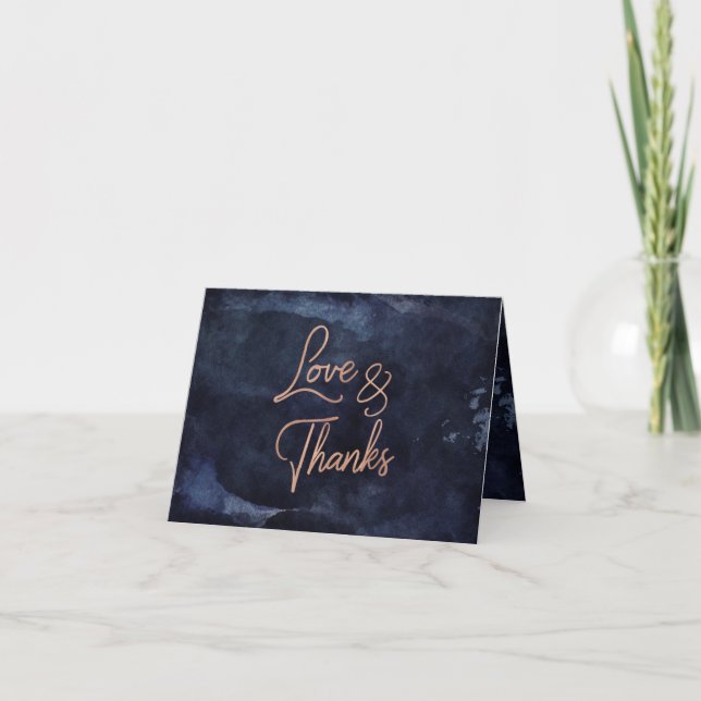 Navy Blue Vattenfärg & Rose Guld Bröllop Tack Kort (Framsida)