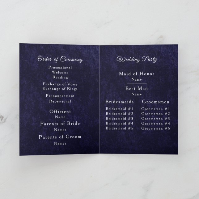 Navy Blue Velvet White Folded Wedding Program (Inuti)
