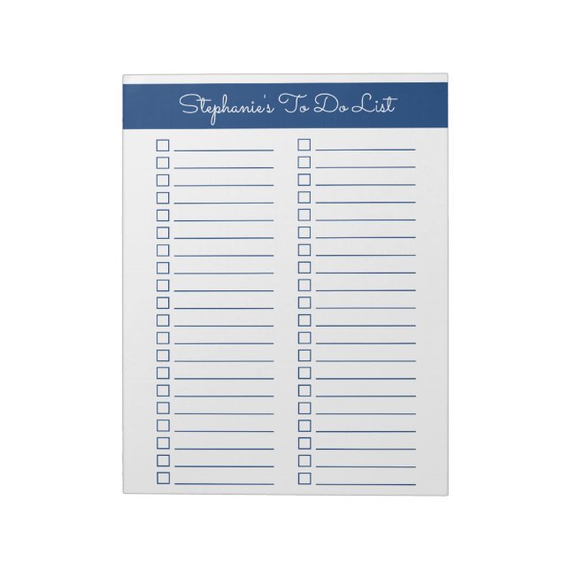Navy Blue Vertical 8.5x11 Two Column Checklist Anteckningsblock (Roterad)