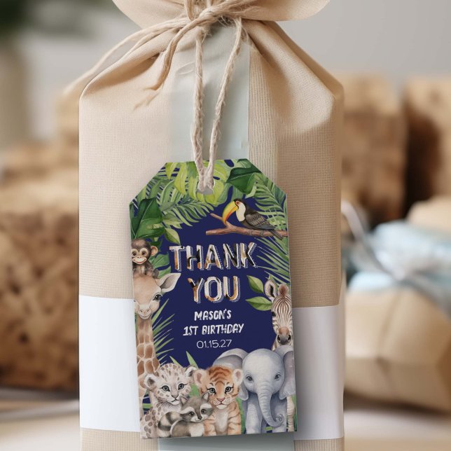 Navy Blue Vild One Jungle Animals Birthday till fö Presentetikett (Navy Blue Safari animals birthday thank you favor tag.)