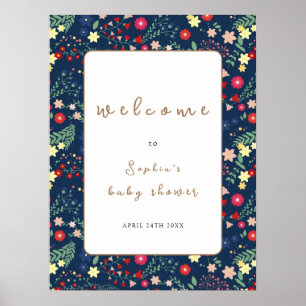 Navy Blue Vilda Blomma Ram Baby Shower Välkommen Poster