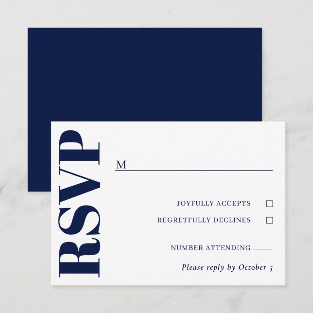 Navy Blue Vit Bröllops RSVP OSA Kort (Fram/baksida)