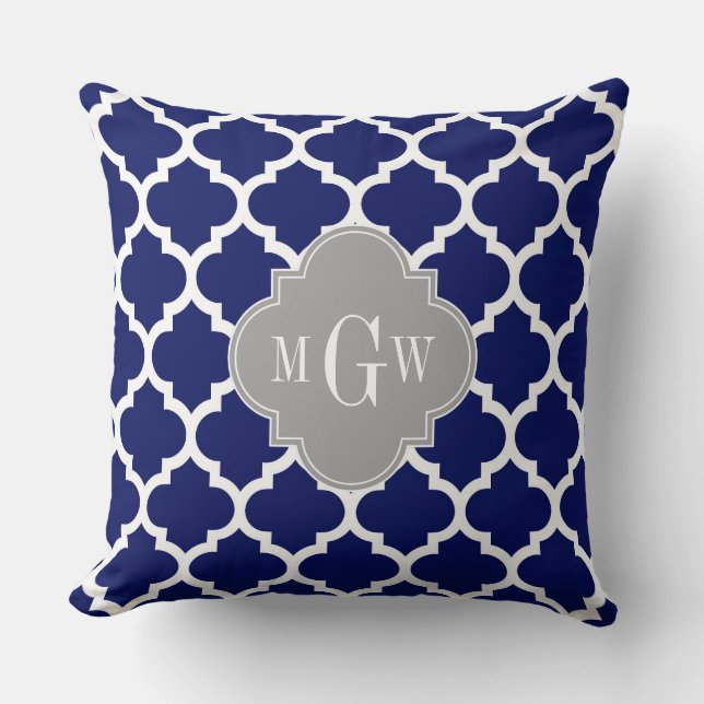 Navy Blue Vit Marockansk #5 Grå 3 Initial Monogram Kudde (Framsida)