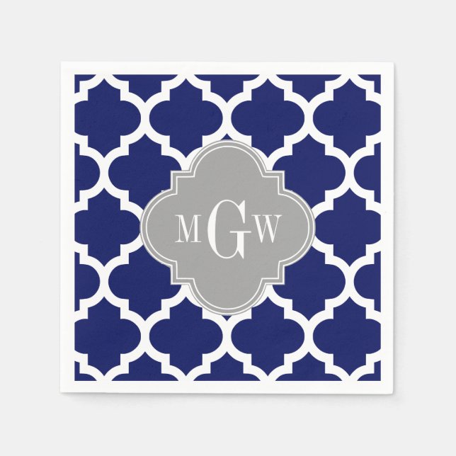 Navy Blue Vit Marockansk #5 Grå 3 Initial Monogram Pappersservett (Framsidan)