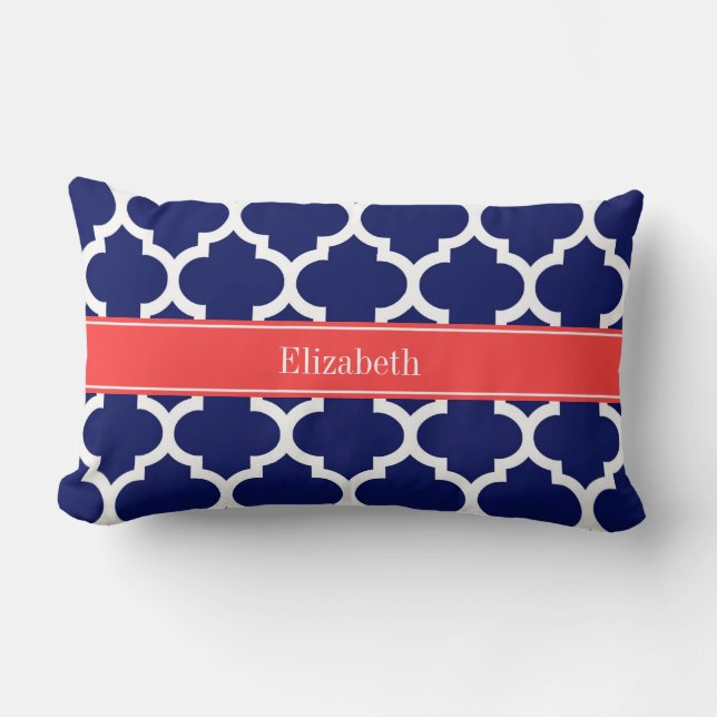 Navy Blue Vit Marockansk #5 Korallröd Namn Monogra Lumbarkudde (Framsida)