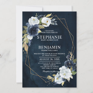 Navy Blue Vit ros Boho Geometric Bröllop Inbjudningar