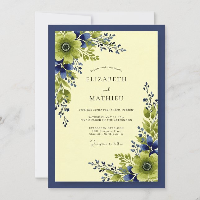 Navy Blue Vivid Botanical Wedding Inbjudningar (Framsida)