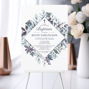 Navy Blue Watercolor Baptism Christening Boy Inbjudningar