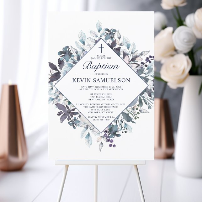 Navy Blue Watercolor Baptism Christening Boy Inbjudningar (Navy Blue Watercolor Baptism Christening Boy Invitation)