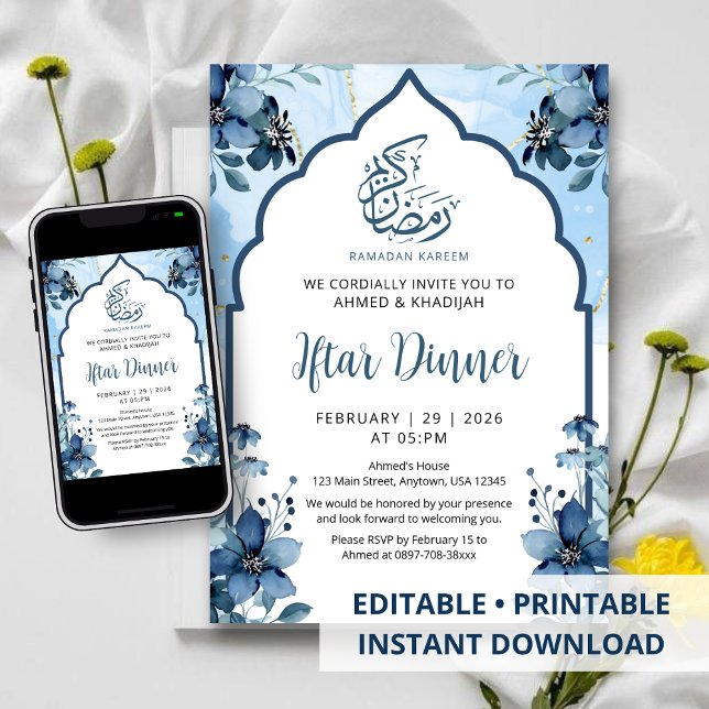 Navy Blue Watercolor Floral Ramadan Iftar Dinner Inbjudningar (Skapare uppladdad)