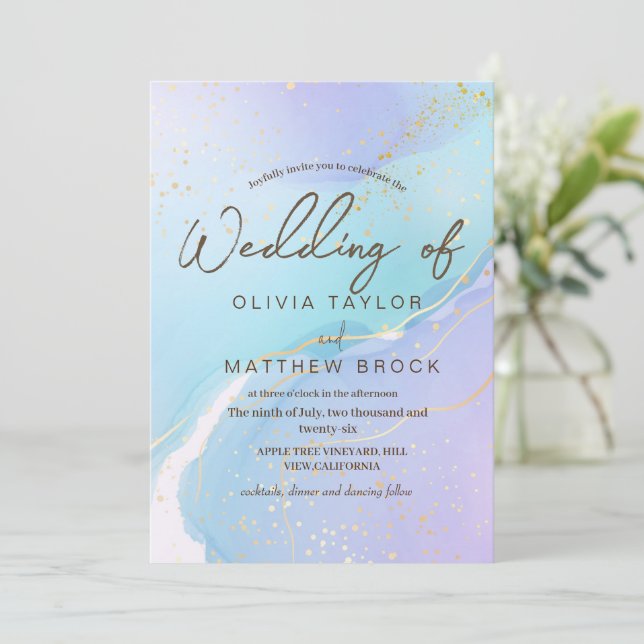 Navy Blue Watercolor Modern Elegant bröllop Inbjudningar (Stående Fram)