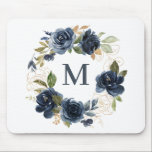 Navy Blue Watercolor Rosor Blommigt Wandedeans Mon Musmatta<br><div class="desc">Elegant och botanisk munspad. Den har en vattenfärgad blommigt av utandning av marinblått rosor och peonier,  grönt och faux guld-folie. Anpassa genom att lägga till ett monogram. Den här marinblåa blommigtens andningsmun är perfekt som en personlig gåva.</div>