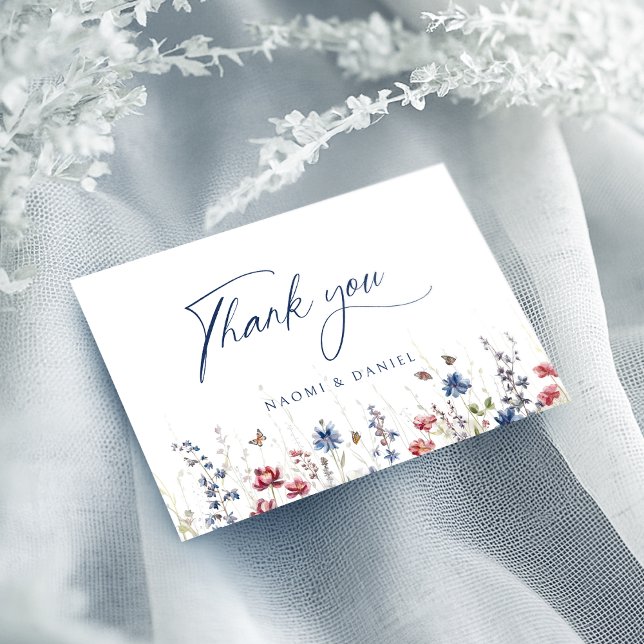 Navy Blue Watercolor Wildflower Rustic Wedding Tack Kort (Navy Blue Watercolor Wildflower Rustic Wedding Thank You Card)