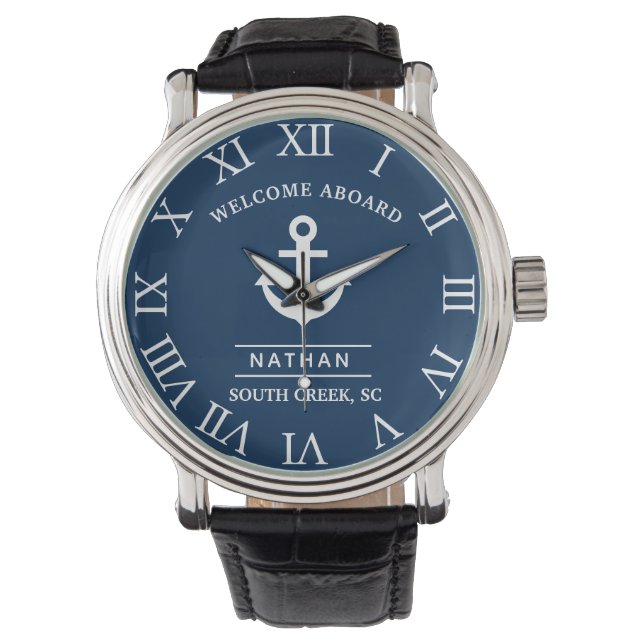 Navy Blue Welcome Aboard Anpassningsbar Monogram N Armbandsur (Framsida)