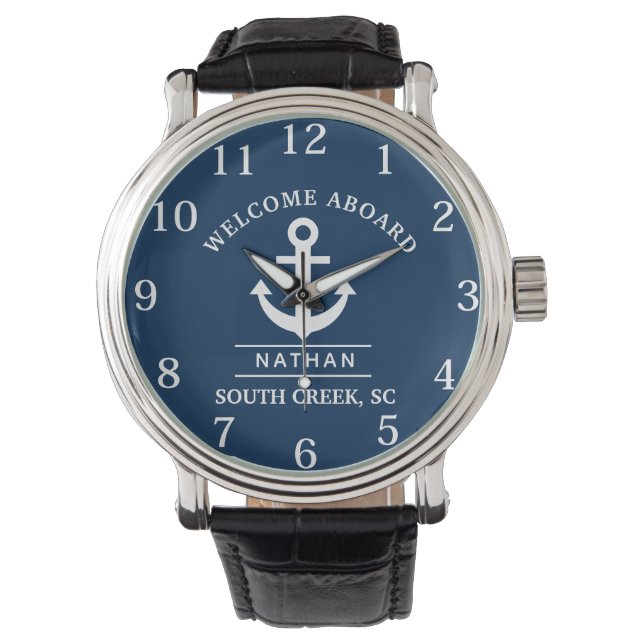 Navy Blue Welcome Aboard Anpassningsbar Monogram N Armbandsur (Framsida)