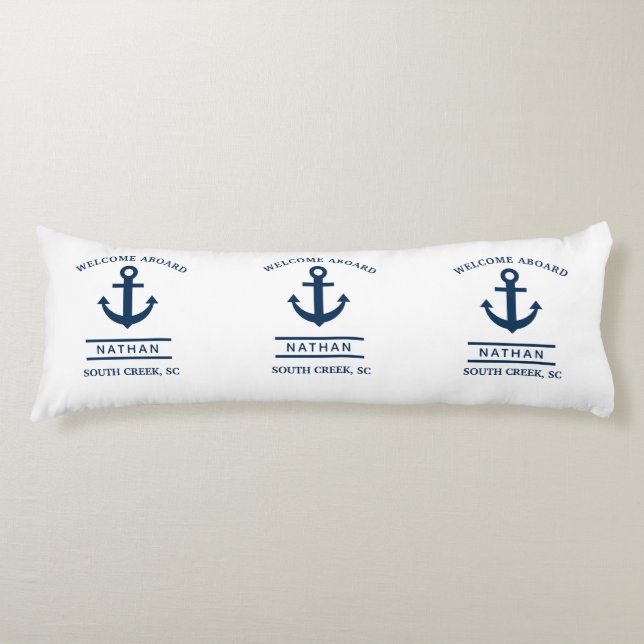 Navy Blue Welcome Aboard Anpassningsbar Monogram N Kroppskudde (Framsidan)