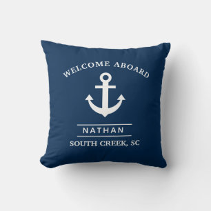 Navy Blue Welcome Aboard Anpassningsbar Monogram N Kudde