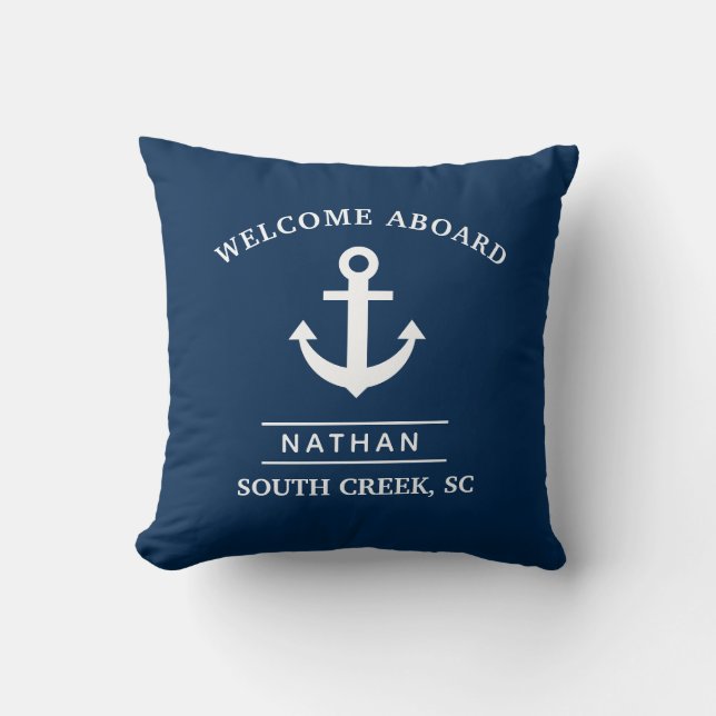 Navy Blue Welcome Aboard Anpassningsbar Monogram N Kudde (Framsida)