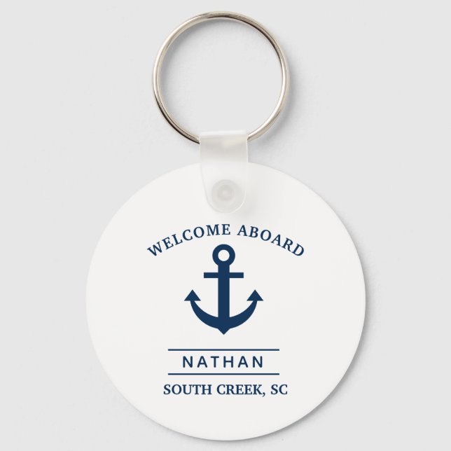 Navy Blue Welcome Aboard Anpassningsbar Monogram N Nyckelring (Framsida)