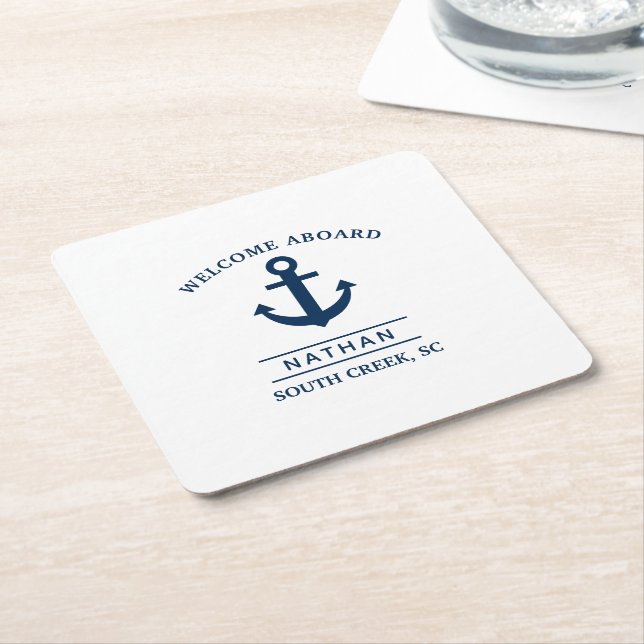 Navy Blue Welcome Aboard Anpassningsbar Monogram N Underlägg Papper Kvadrat (Vinklad)