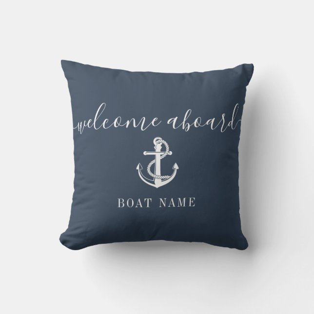 Navy Blue Welcome Aboard Boat Namn Anchor Kudde (Framsida)