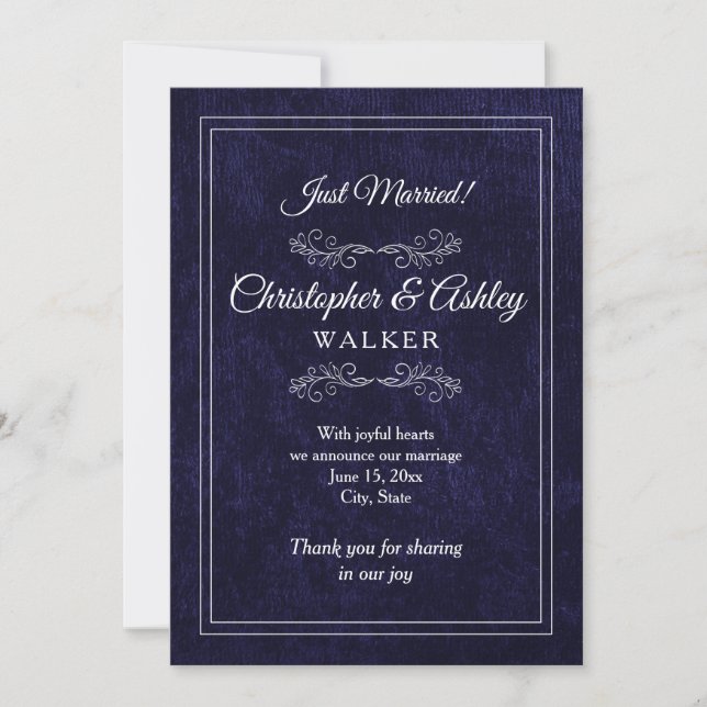 Navy Blue White 2 Sided Photo Wedding Announcement (Framsida)