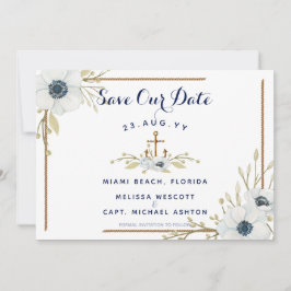 Navy Blue & White Anemone Nautical Anchor Bröllop Spara Datumet