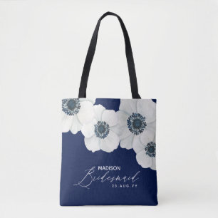 Navy Blue & White Anemones Modern Brudens sida Tygkasse