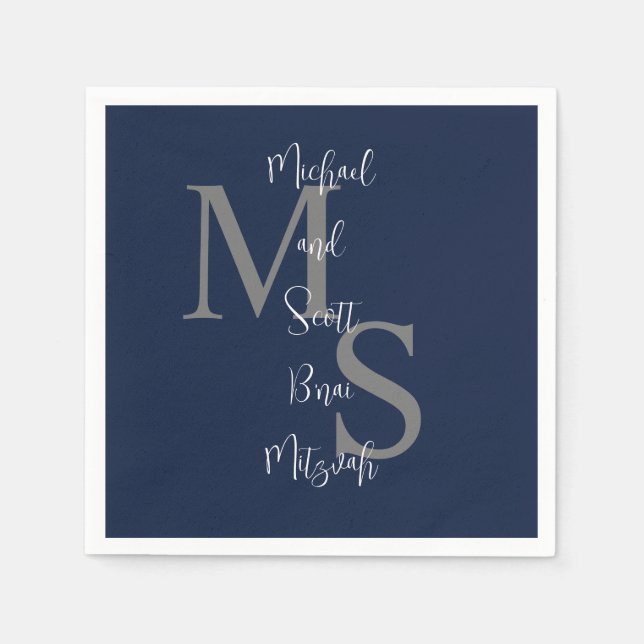 Navy Blue White B'nai Mitzvah Namn Monogram Pappersservett (Framsidan)