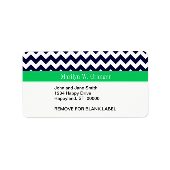 Navy Blue White Chevron Emerald Namn Monogram Adressetikett (Framsidan)