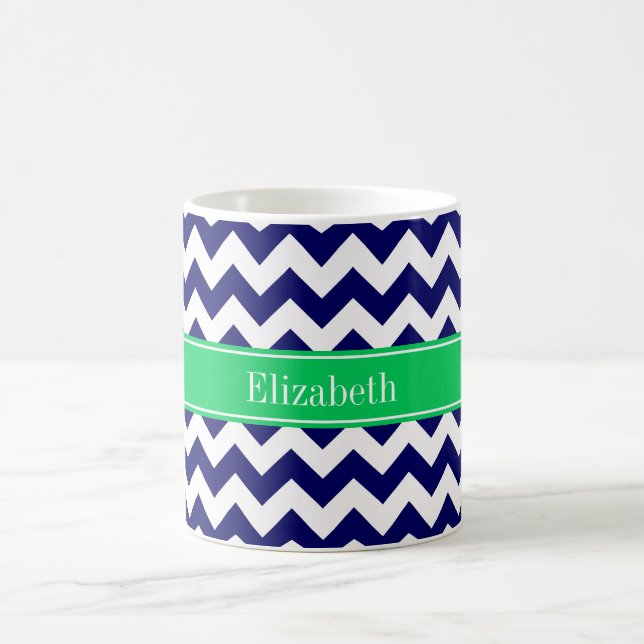 Navy Blue White Chevron Emerald Namn Monogram Kaffemugg (Center)