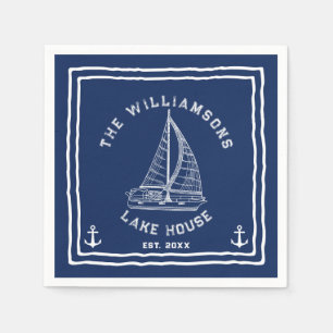 Navy Blue White Family Namn Anchor Sailboat Sjö Pappersservett