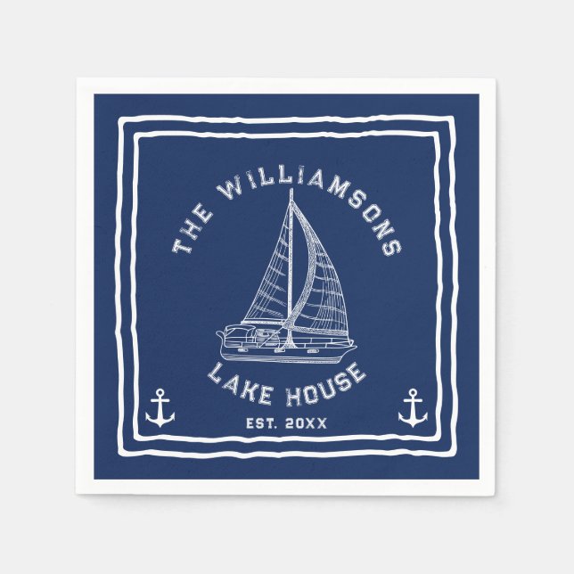 Navy Blue White Family Namn Anchor Sailboat Sjö Pappersservett (Framsidan)