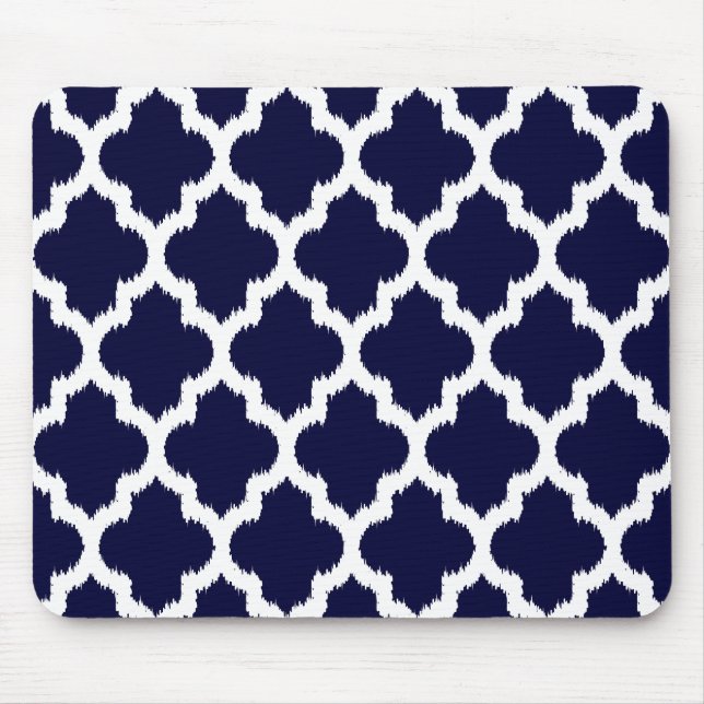 Navy Blue & White Ikat Tribal Geometric Mönster Musmatta (Framsidan)