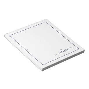 Navy Blue White Modern Script Girly Monogram Namn Anteckningsblock