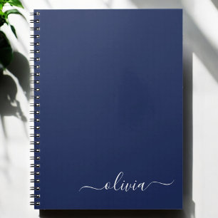Navy Blue White Modern Script Girly Monogram Namn Anteckningsbok