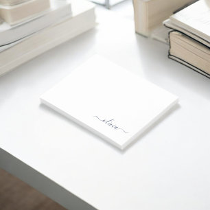 Navy Blue White Modern Script Girly Monogram Namn Post-it Block