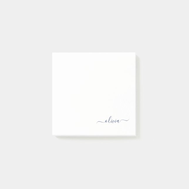 Navy Blue White Modern Script Girly Monogram Namn Post-it Block (Framsida)