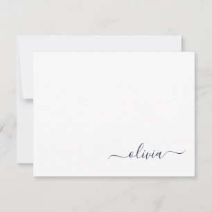 Navy Blue White Modern Script Girly Monogram Namn Tack Kort