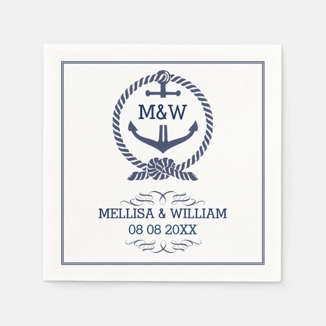 Navy Blue & White Nautical Bröllop Anchor Knot Pappersservett (Framsidan)