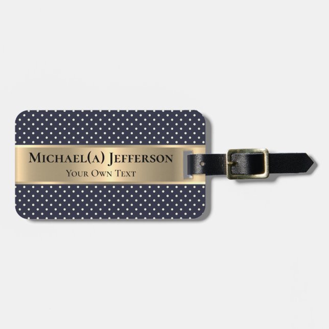 Navy Blue White Polka Dot Elegant Classic Gold Bagagebricka (Horisontell Framsida)