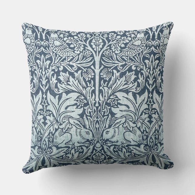 Navy Blue White Rabbit William Morris Dekorativ ku Kudde (Baksida)