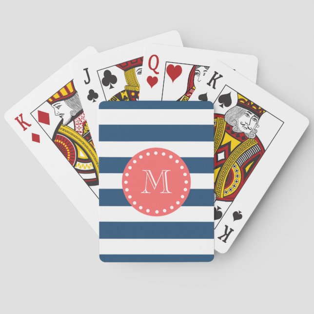 Navy Blue White Rand Mönster, korallonogram Casinokort (Baksidan)