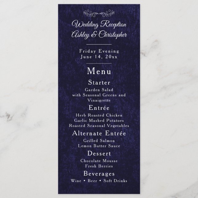 Navy Blue White Script Wedding Reception  Meny (Framsida)