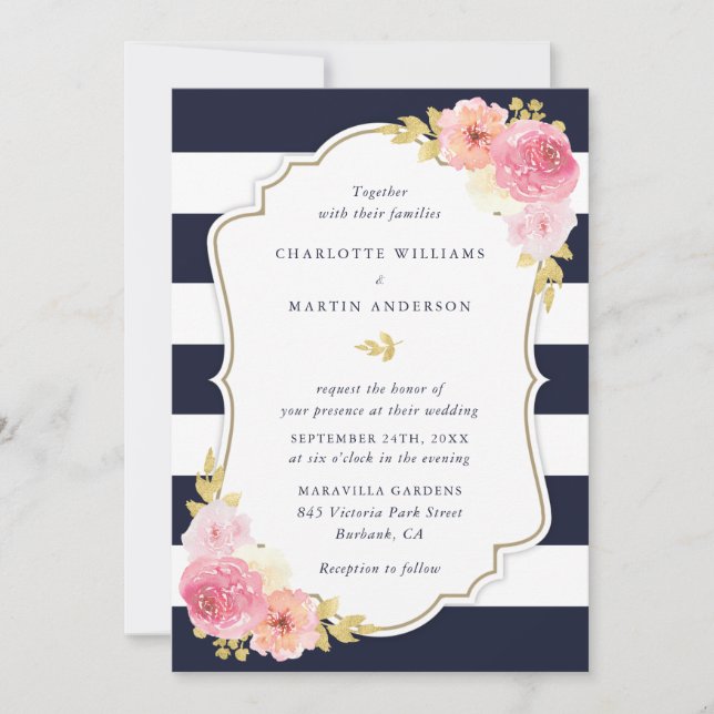 Navy Blue White Striped Blush Pink Floral Wedding Inbjudningar (Framsida)