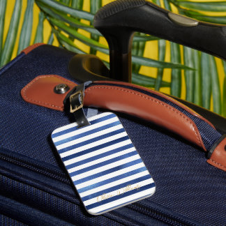 Navy Blue & White Stripes Coastal Nautical Design Bagagebricka