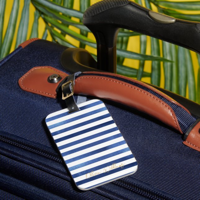 Navy Blue & White Stripes Coastal Nautical Design Bagagebricka (Framsida Insitu 1)