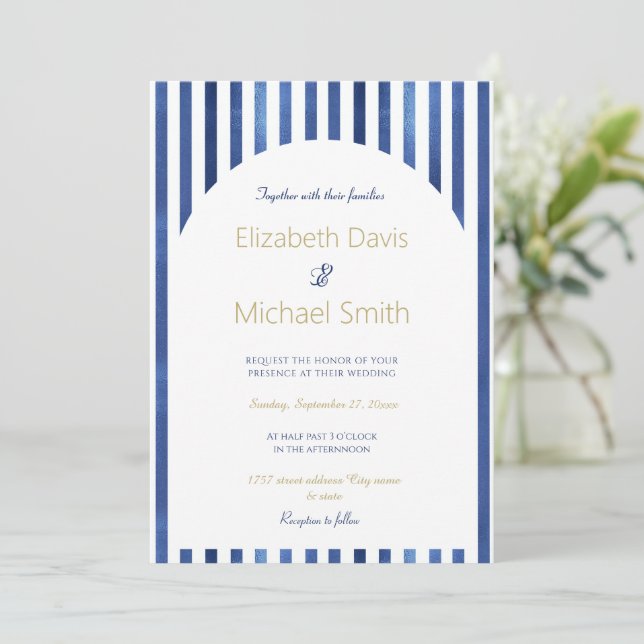 Navy Blue & White Stripes Coastal Nautical Design Inbjudningar (Stående Fram)